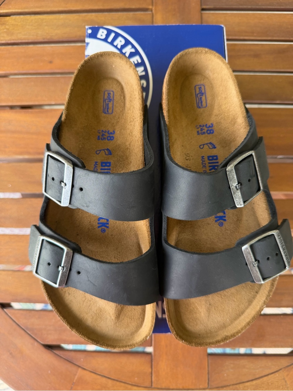 Birkenstock Black Two-Strap Arizona Sandals with Silver Buckles Sz 38